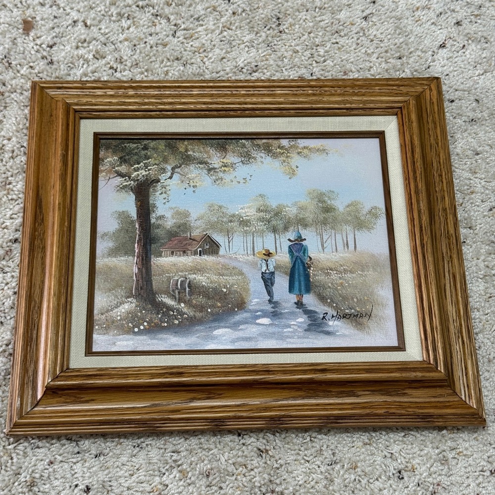 R Hartman Original Oil Painting Framed Country Landscape Figures Cabin Vtg Art